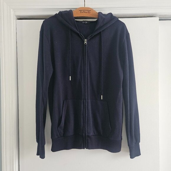 Basic Lightweight Zip Up Hoodie Long Sleeve Large Navy Hooded Sweatshirt - Picture 3 of 6